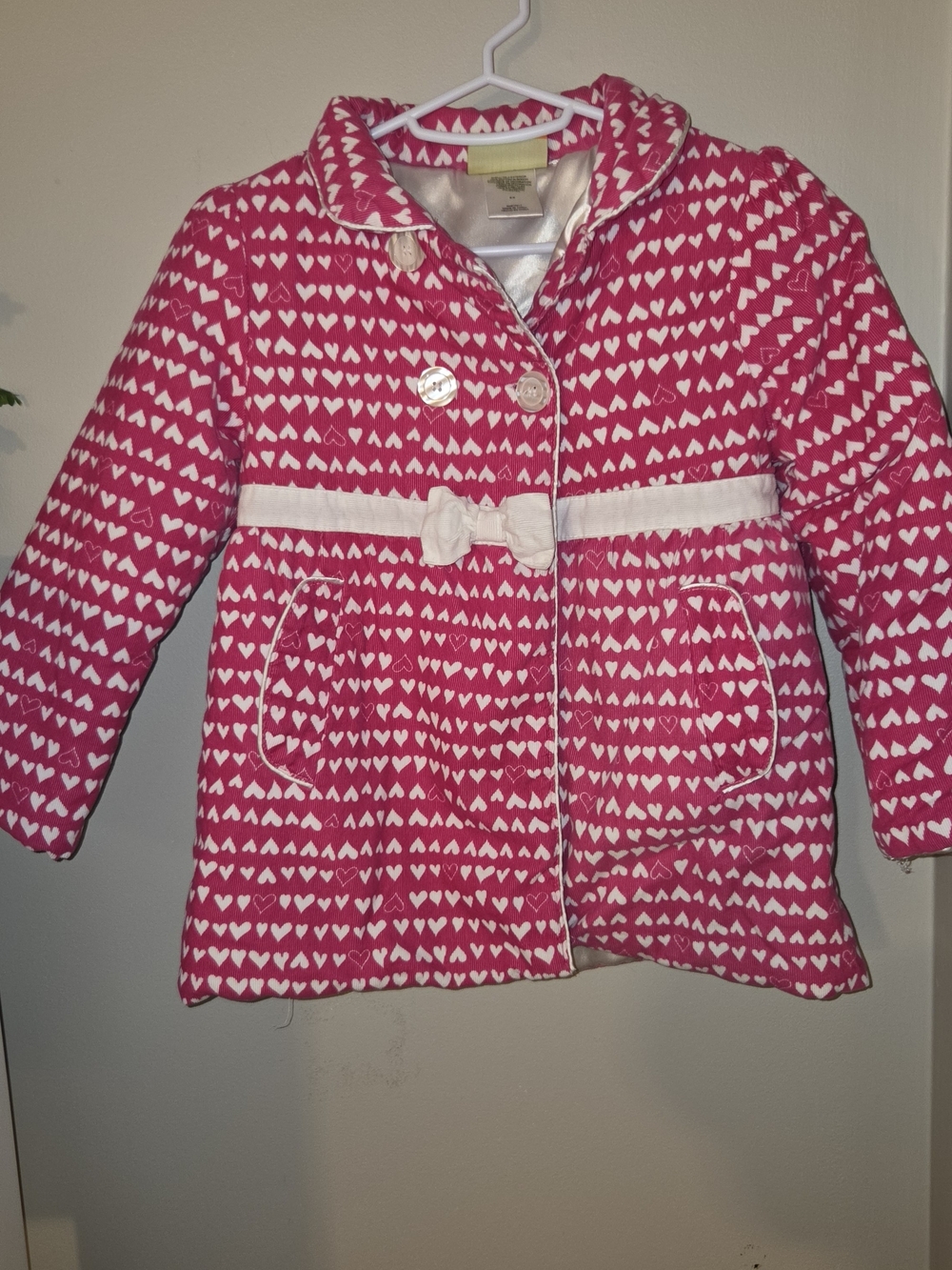 Penelope Mack Pink Heart-Print Hooded Puffer Coat with White Bow 6x